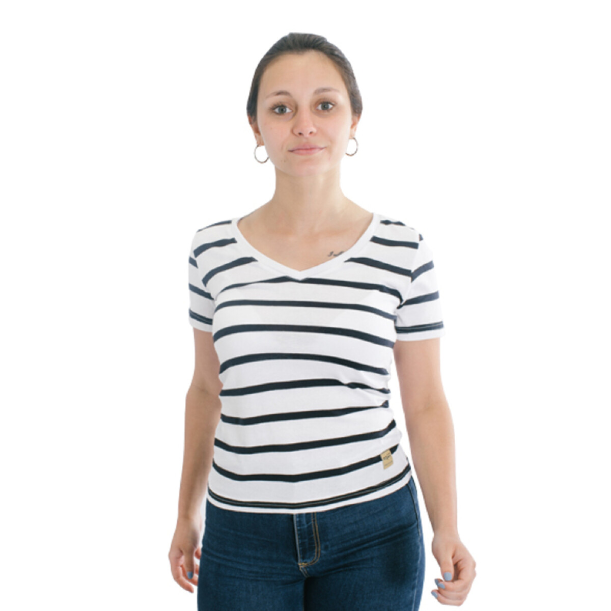 Muvem Ladies V Neck With Stripes T-Shirt - Blanco-marino 