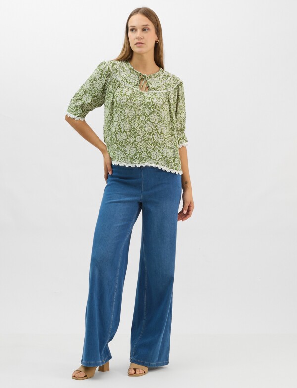 Blusa Con Detalle De Encaje Y Lazos VERDE/MULTI