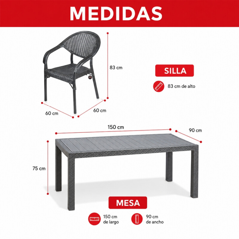 Juego de jardín 6 sillas con apoya brazo + mesa GRIS