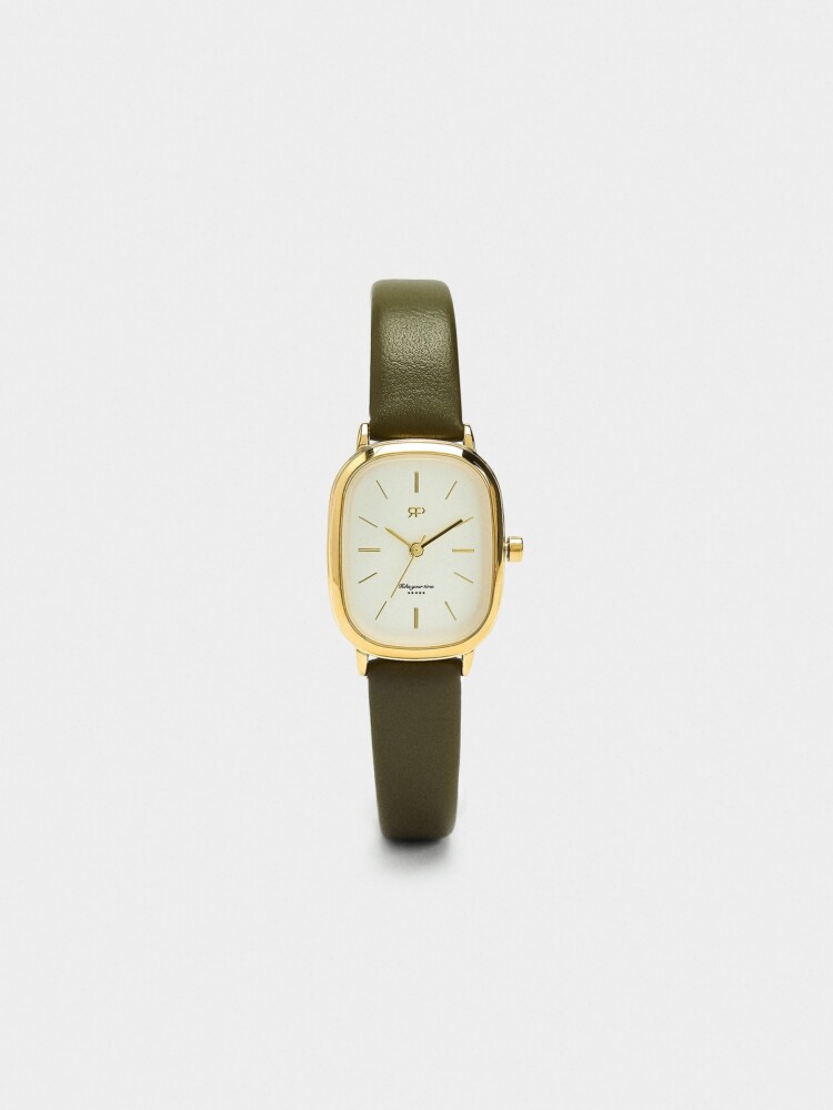 Reloj Rectangular Con Pulsera Efecto Piel caqui