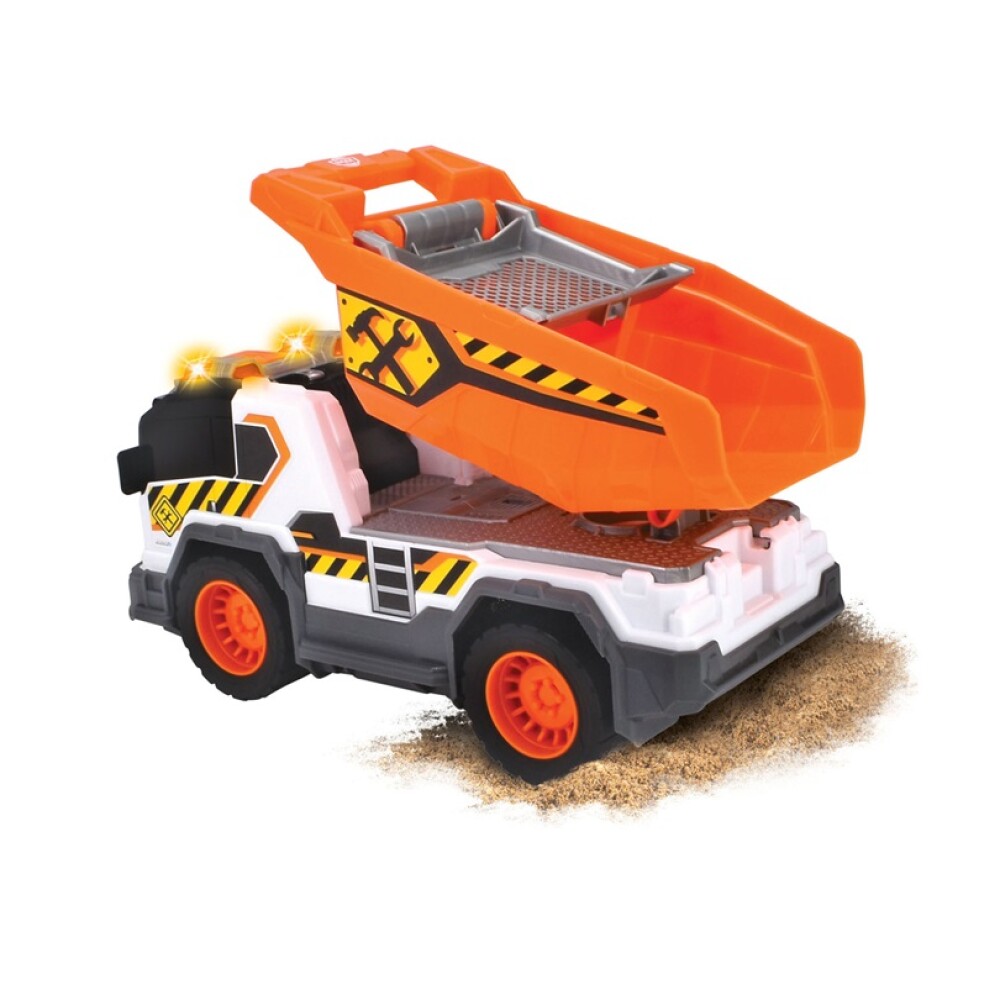 Dickie Toys Camión Volqueta con Luz, Sonido y Pala DICKIE - CAMION VOLQUETA RUEDA LIBRE, LUCES Y SONIDOS, VERTEDERO MANUAL CON TAMIZ DE ARENA, PALA DE ARENA INCLUIDA LA PALA SE PU