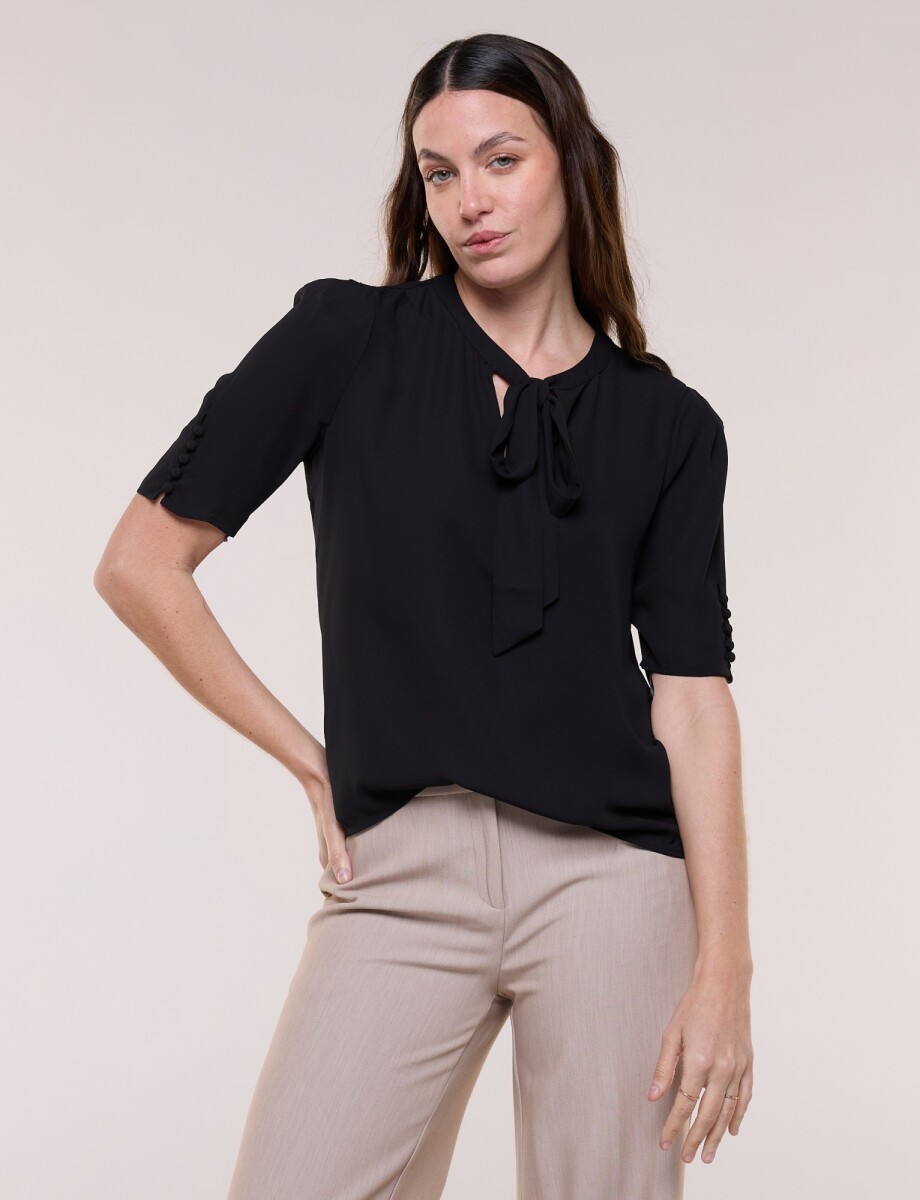Blusa Lazo Con Mangas Abotonadas - Negro 