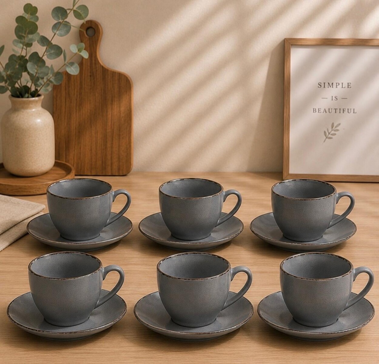 Juego de 6 Tazas para Café con Platillos de Cerámica Gris 250 ml 