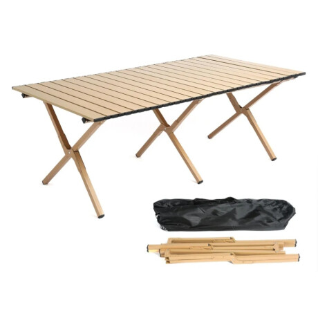 Mesa Portátil Plegable Exterior Camping Acero Símil Madera Beige