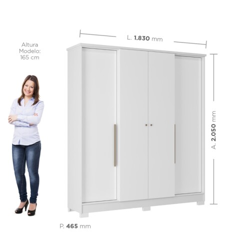Ropero Armario Mónaco 4 Puertas 2 Cajones 1 Perchero y Estantería Con Espejo - Blanco Ropero Armario Mónaco 4 Puertas 2 Cajones 1 Perchero y Estantería Con Espejo - Blanco