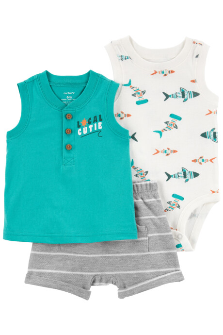 Set tres piezas de algodón, short, musculosa henley y body diseño peces Set tres piezas de algodón, short, musculosa henley y body diseño peces