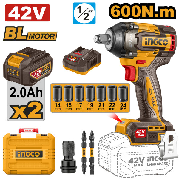 LLAVE DE IMPACTO A BATERIA 42V BRUSHLESS 600NM 1/2´´ C/ 2 BAT 2.0AH CARGADOR AC LLAVE DE IMPACTO A BATERIA 42V BRUSHLESS 600NM 1/2´´ C/ 2 BAT 2.0AH CARGADOR AC