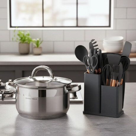 Set Cocina Utensilios 19Pzs + Olla Acero Inoxi 22cm 4,8L Gris