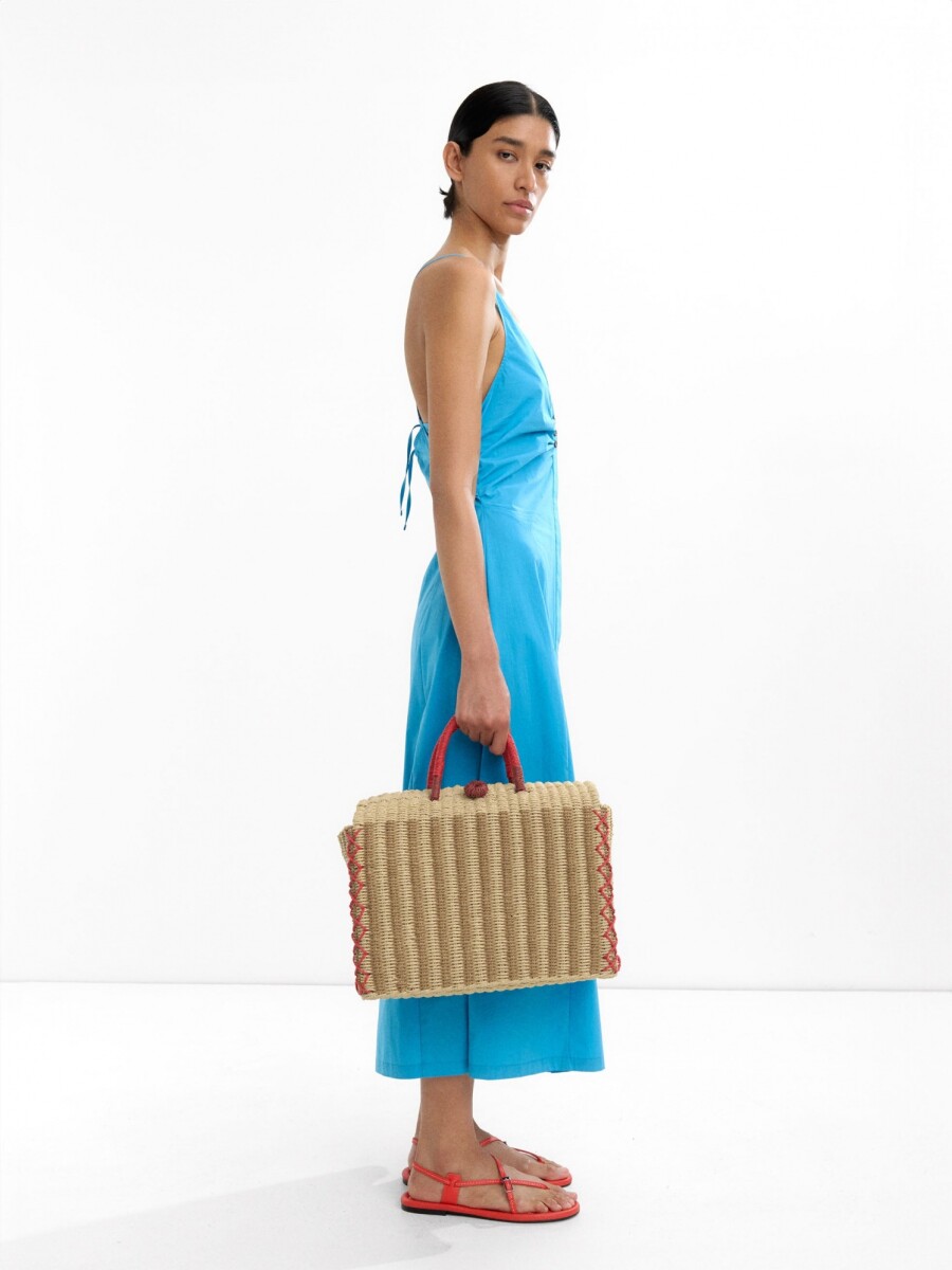 Cesta Tote Rectangular De Efecto Rafia natural