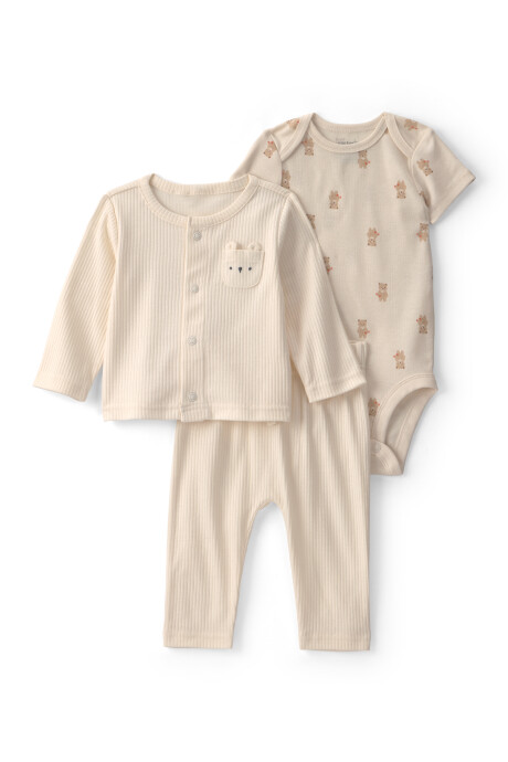 Set tres piezas de algodón, pantalón, body y saco, crema, diseño oso Set tres piezas de algodón, pantalón, body y saco, crema, diseño oso