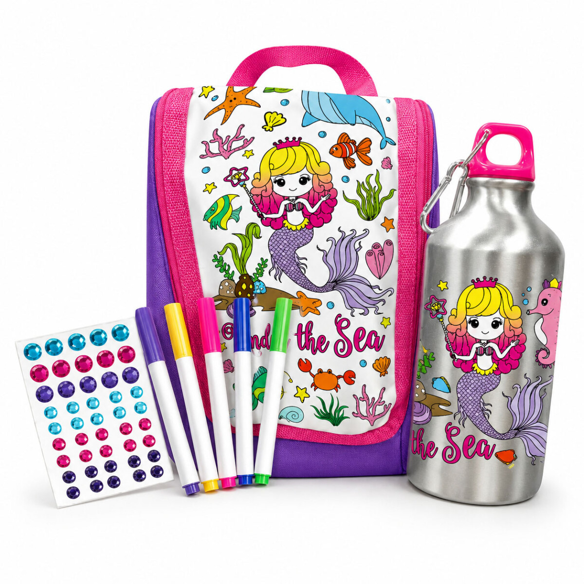 Set Lanchera Y Botella P/Colorear Infantil C/Fibras Stickers - Rosa/violeta 