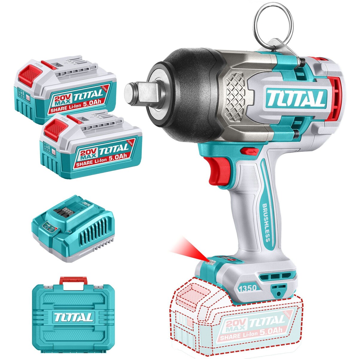 Llave De Impacto Inalámbrica 20v 3/4" 1350Nm - Doble Batería + Maletín 