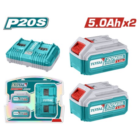 2 Baterías Litio 20V 5Ah + Cargador Industrial Total 2 Baterías Litio 20V 5Ah + Cargador Industrial Total