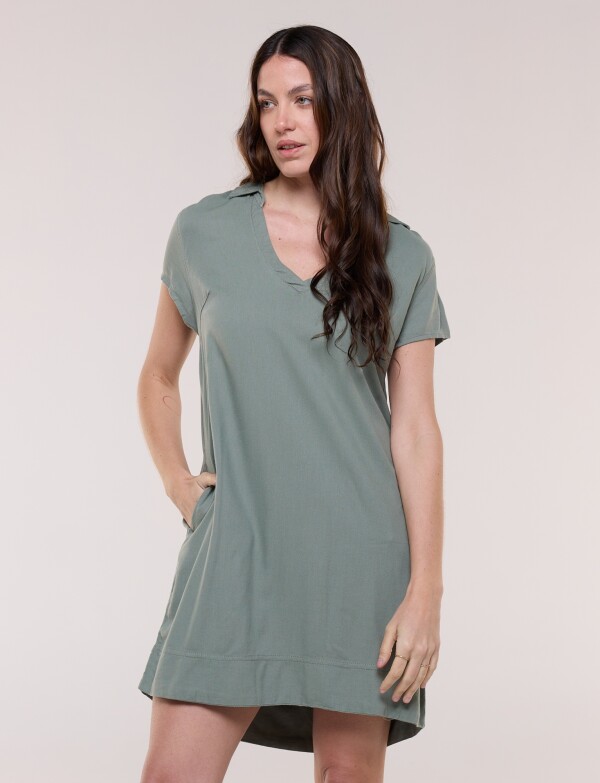 Vestido Corto Lino Cuello Camisa OLIVA