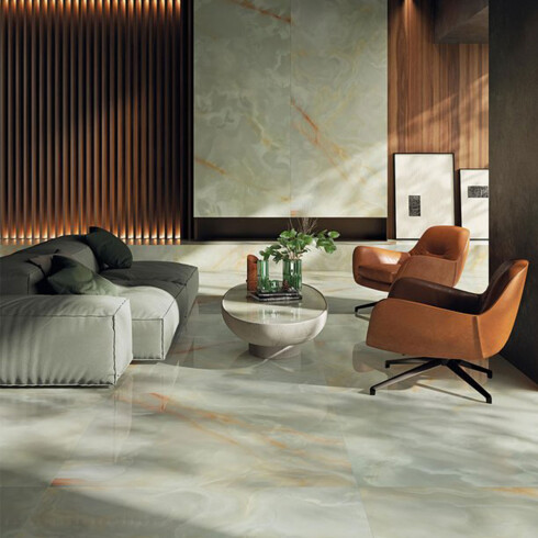 Porcelanato verde Tipo ónix brillo 120x278Cm piso pared GAMAS DE VERDE