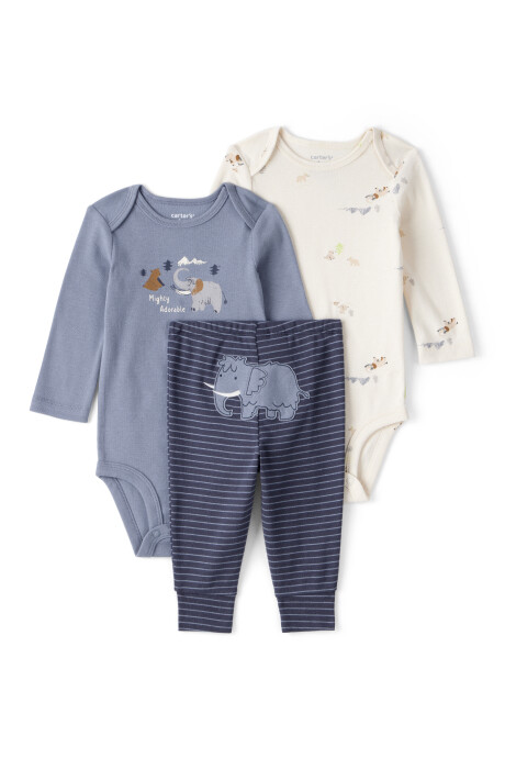 Set tres piezas de algodón, pantalón y dos bodies, azul y blanco, diseño elefante Set tres piezas de algodón, pantalón y dos bodies, azul y blanco, diseño elefante