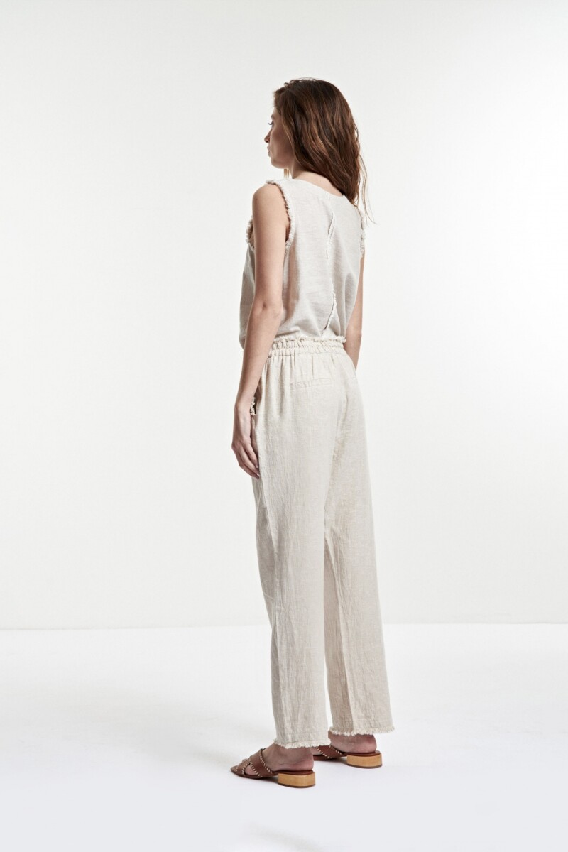 Pantalón de lino con cintura deflecada beige melange