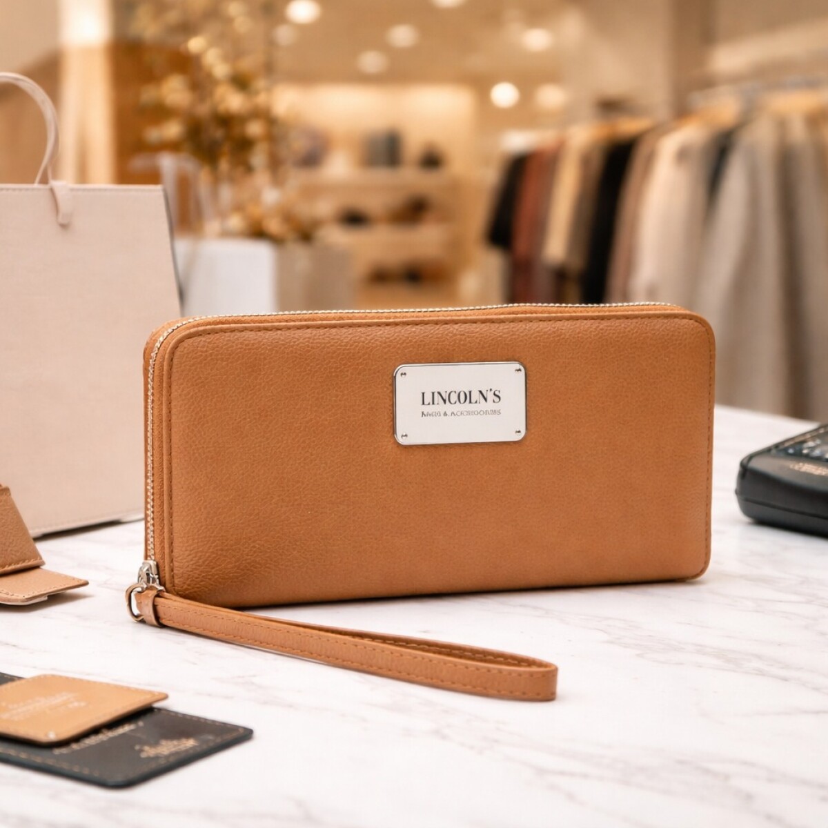 Billetera de Dama en Cuero Ecológico Grande con Cierre - Caramelo 