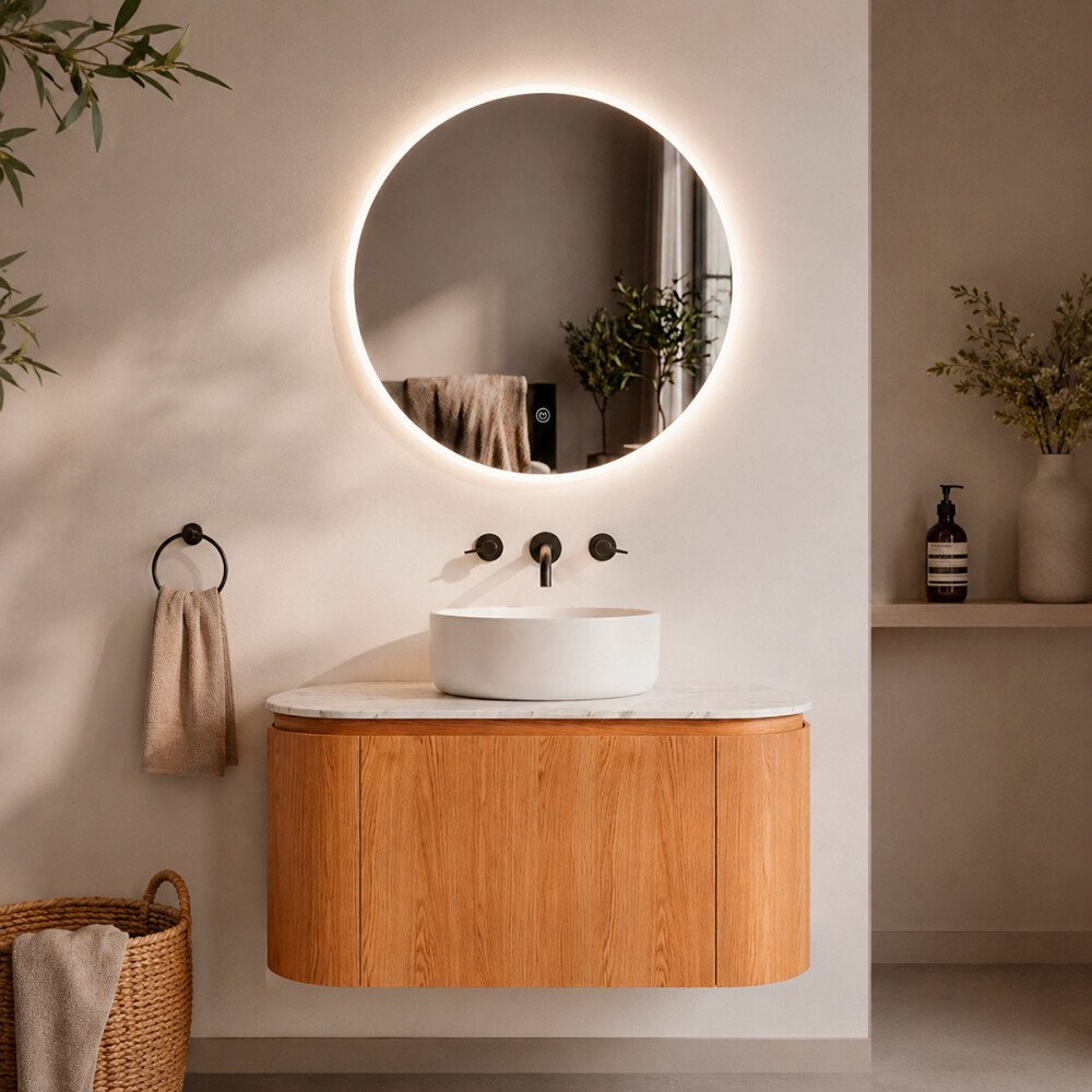CONJUNTO DE BAÑO HABITARE DE MADERA MODELO 6044-80 / MUEBLE+BACHA+ESPEJO REDONDO C/ LUZ LED - 70 cm Conjunto De Baño Habitare De Madera Modelo 6044-80 / Mueble+bacha+espejo Redondo C/ Luz Led - 70 Cm