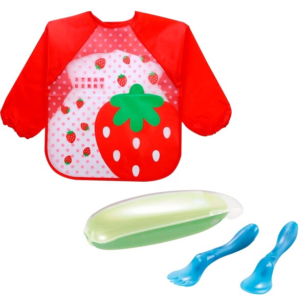 Kit Babero Delantal Bebé Mangas Cubiertos Estuche Infantil Color Variante Frutilla