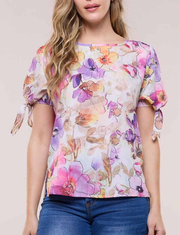 Blusa Flores Acuareladas Con Mangas Con Lazos VIOLETA/MULTI