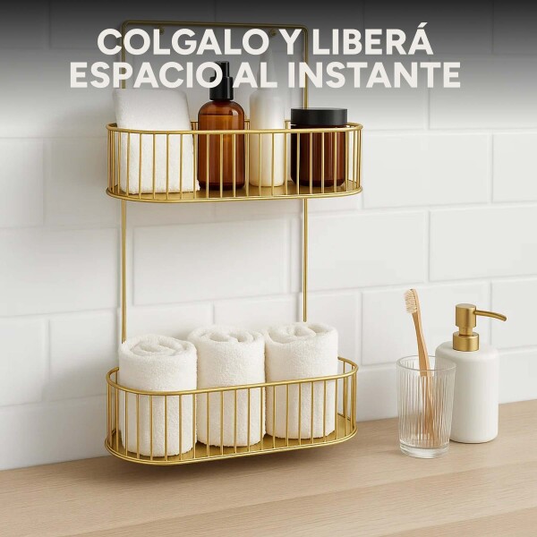 Organizador de Baño Metálico P/ Colgar con 2 Niveles Estante Color Dorado