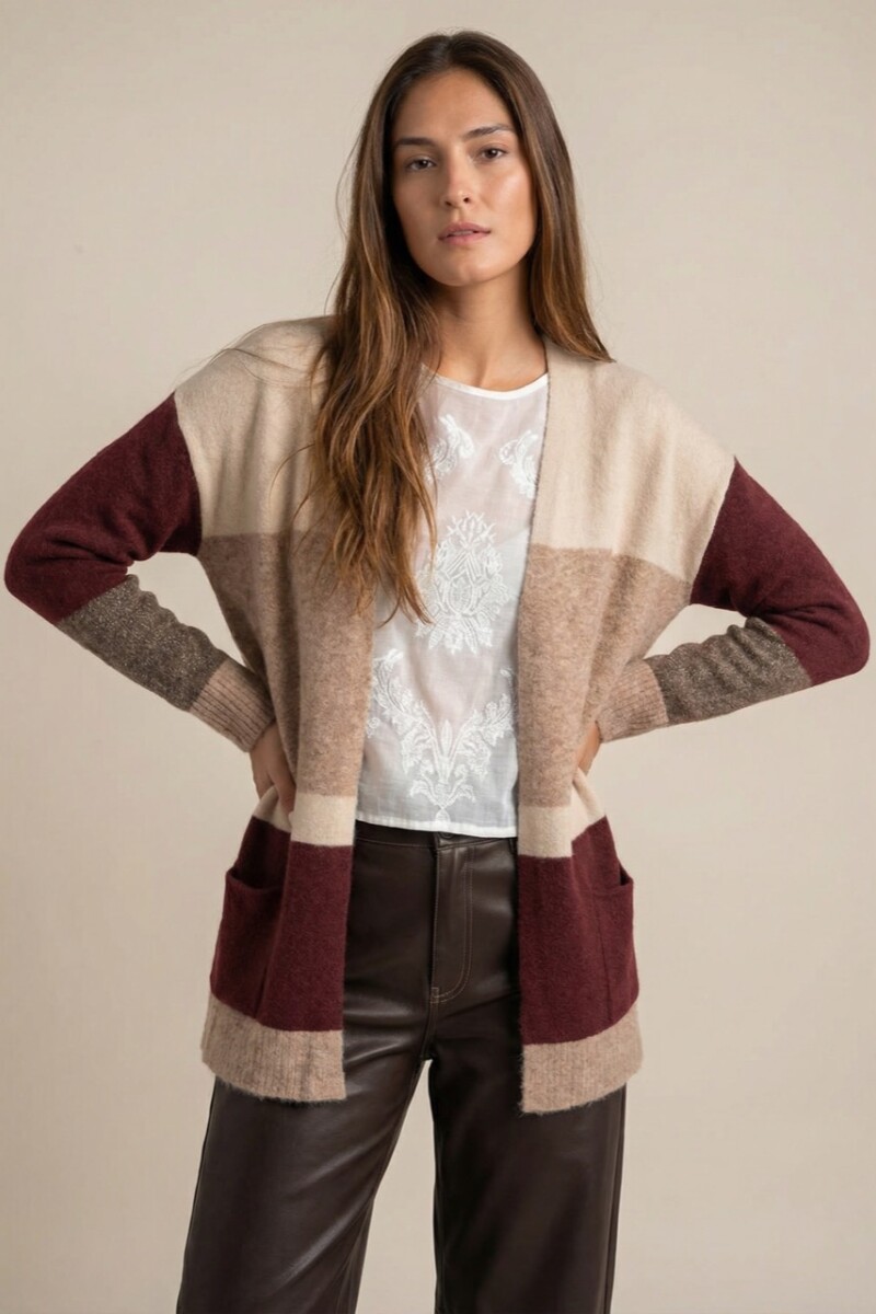 Cardigan Rayado Color Block Mocha