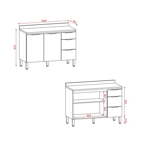 Modulo Bajo Mesada Para Cocina C/Tapa Dos Puertas Tres Cajones De 120 cms. GAMAS DE BEIGE