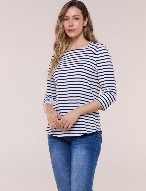 Remera Escote Bote Con Manga 3/4 Raglán BLANCO/NEGRO