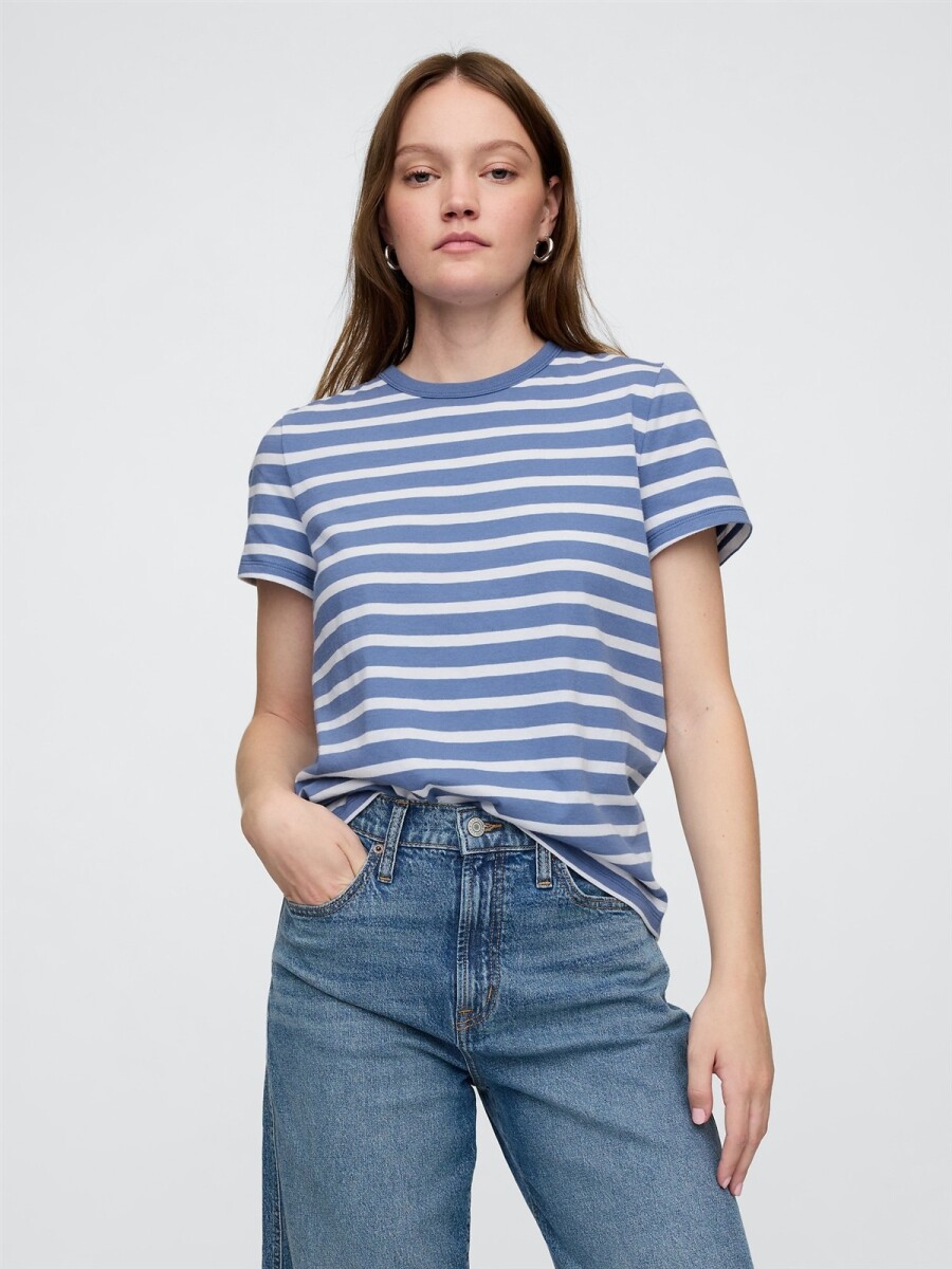 Remera A Rayas Cuello Redondo Mujer - Blue White Stripe 