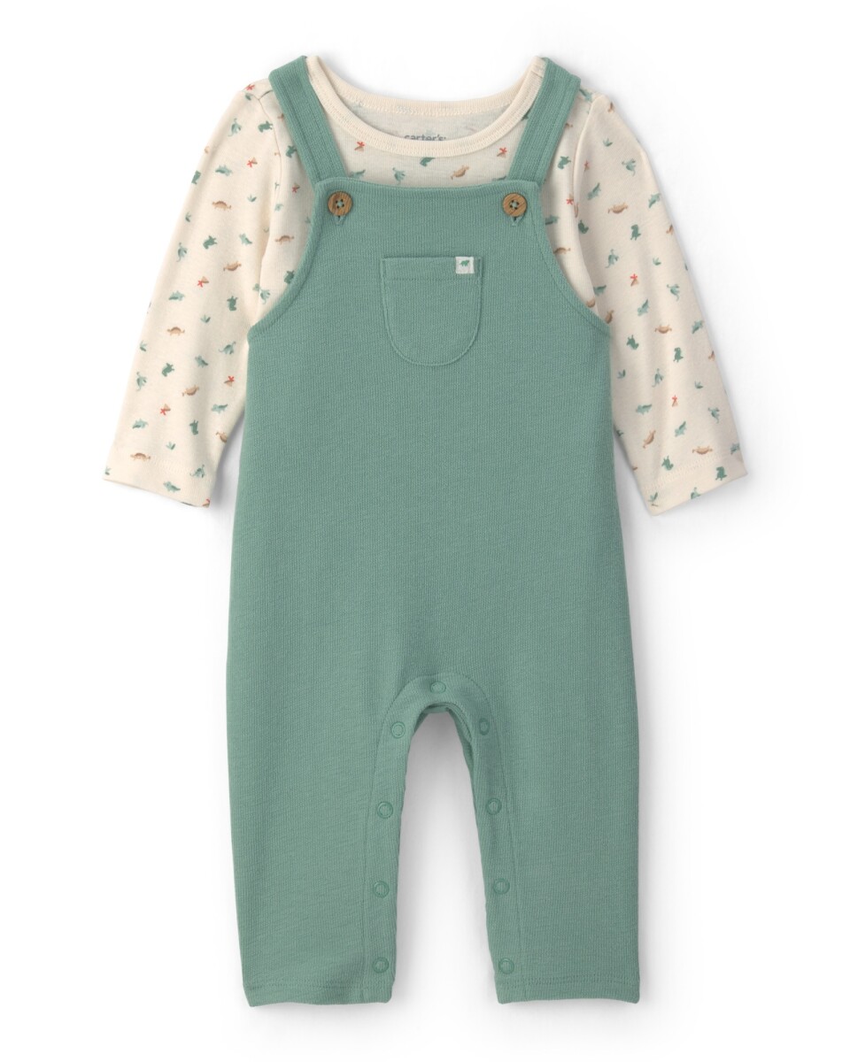 Set dos piezas de algodón, enterito y remera, verde y crema, diseño dinos 
