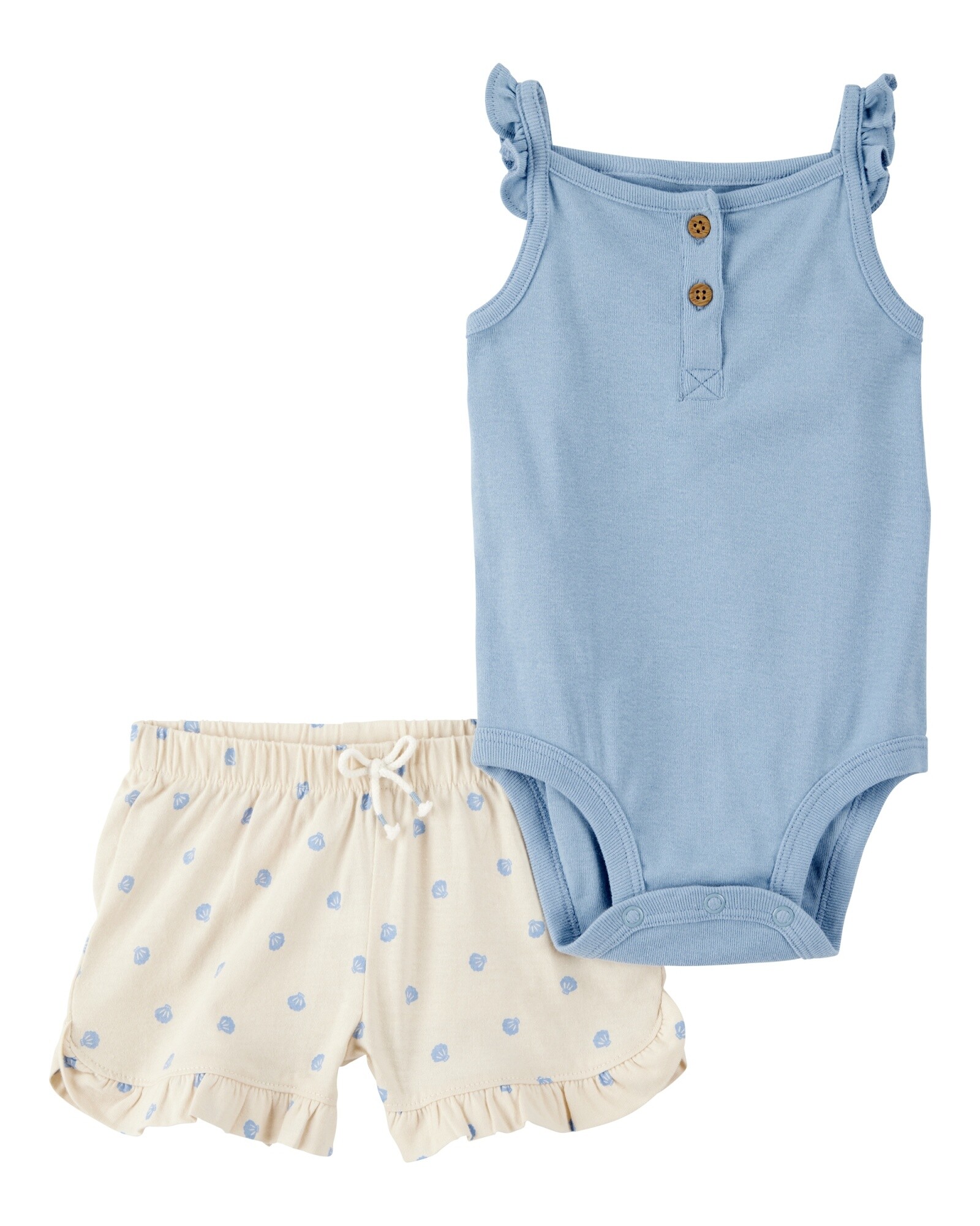 Set dos piezas de algodón, short y body, con volados y diseño caracolas Sin color
