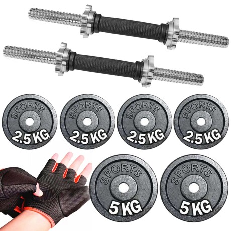 Set 2 Mancuernas Maciza Cromada + 20 Kilos + Guantes 2 Discos 5K + 4 Discos 2.5Kg