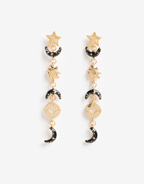 Aros Colgantes Largos Metal Aros Largos Dijes Sol Y Luna - Dorado Oro Amarillo