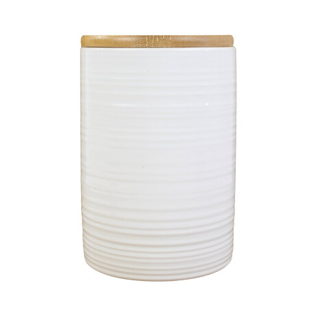Recipiente de ceramica blanca con tapa de madera Recipiente de ceramica blanca con tapa de madera