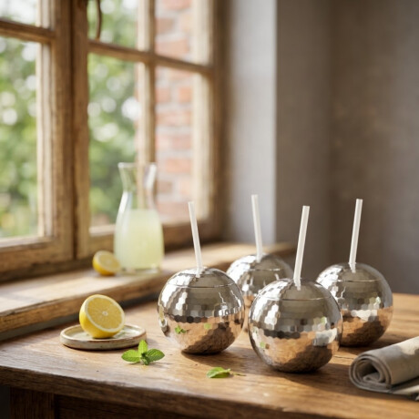 Set x4 Vaso con sorbito Disco Bola PLATEADO