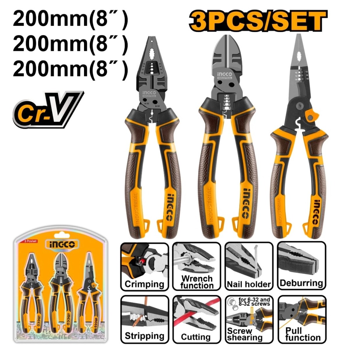SET X3 PINZAS ALICATES 8" Cr-V INGCO HKMPS2831 - AMARILLO-NEGRO 