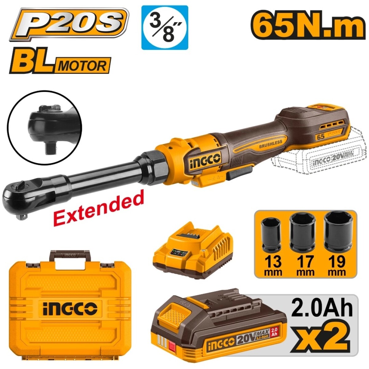 LLAVE CRIQUE EXTENSIBLE 65NM A BATERIA P20S 20V CON 2 BATERI - AMARILLO-NEGRO 