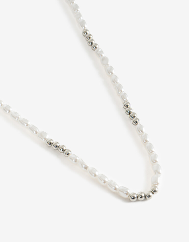 Collares Cortos Perlas Collar Corto Perlas Y Metal - Plateado Rodio