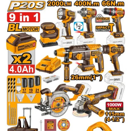 KIT COMBO INDUSTRIAL 9 HERRAMIENTAS A BATERIA P20S 20V BRUSHLESS + 2BAT CARG ACCESORIOS Y VALIJA ING N/a