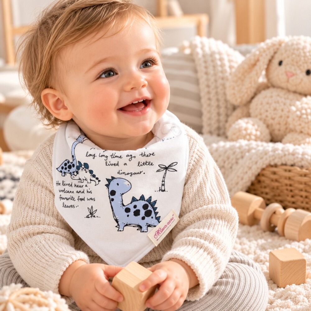 Set baberos bandana x3 dinos celeste pastel texto