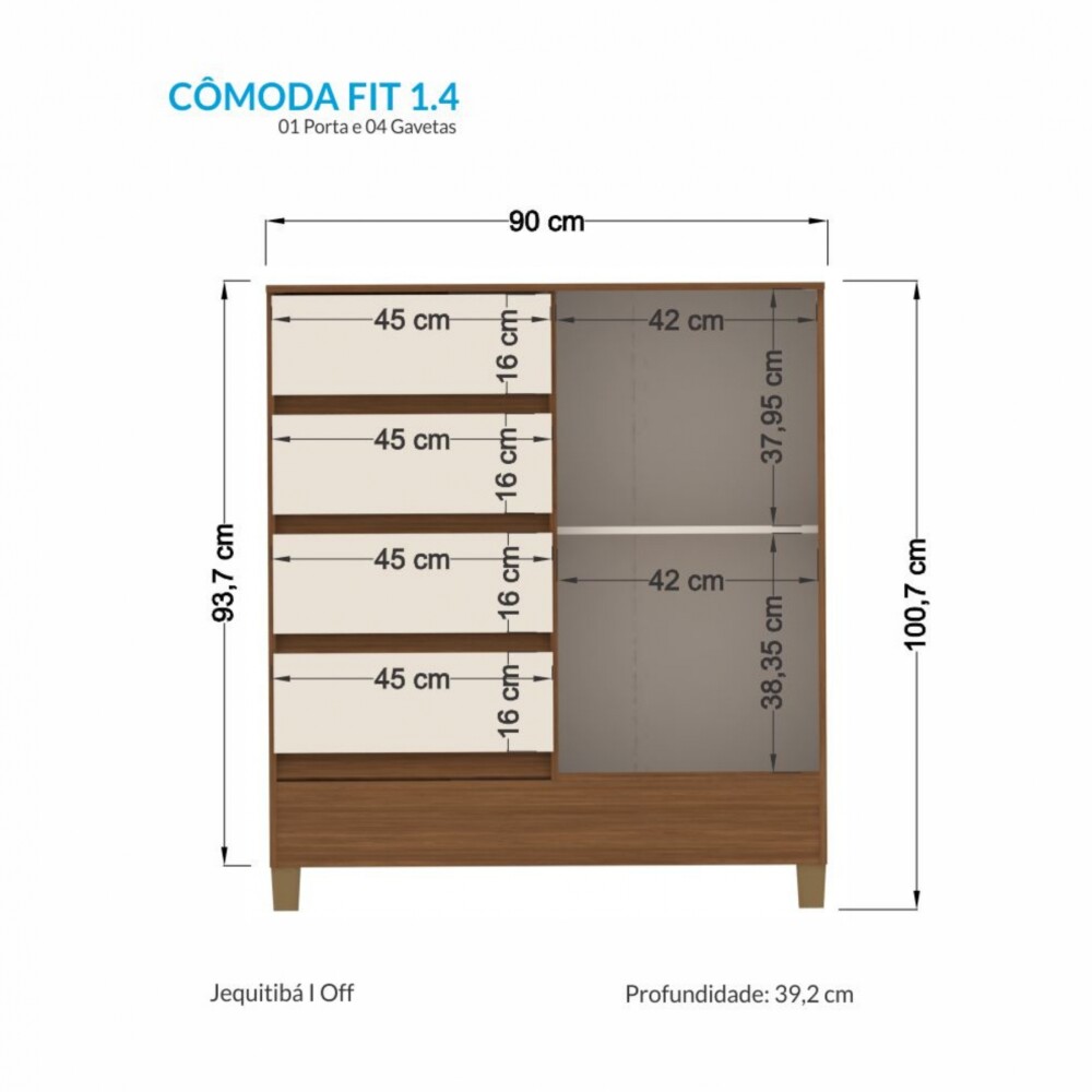 Comoda 1 puerta 4 cajones - Terminación Jequitibá Claro - Linea FIT Comoda 1 puerta 4 cajones - Terminación Jequitibá Claro - Linea FIT