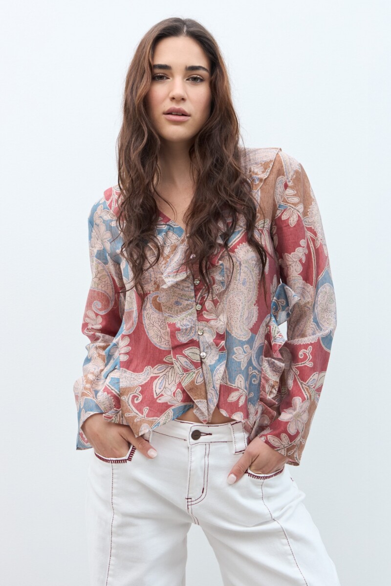 Blusa estampa paisley con volados bordo