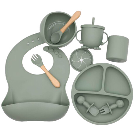 Set X10p Plato Comer Bebe Silicona+ Cubierto Vaso Verde
