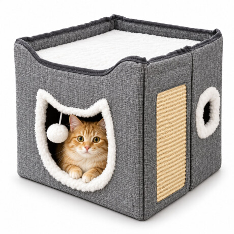 Casa Para Gatos Plegable Con Rascador Cama Y Pompón Gris