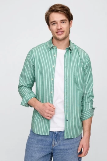 Camisa Hombre Standard Stretch Poplin Green White Stripe