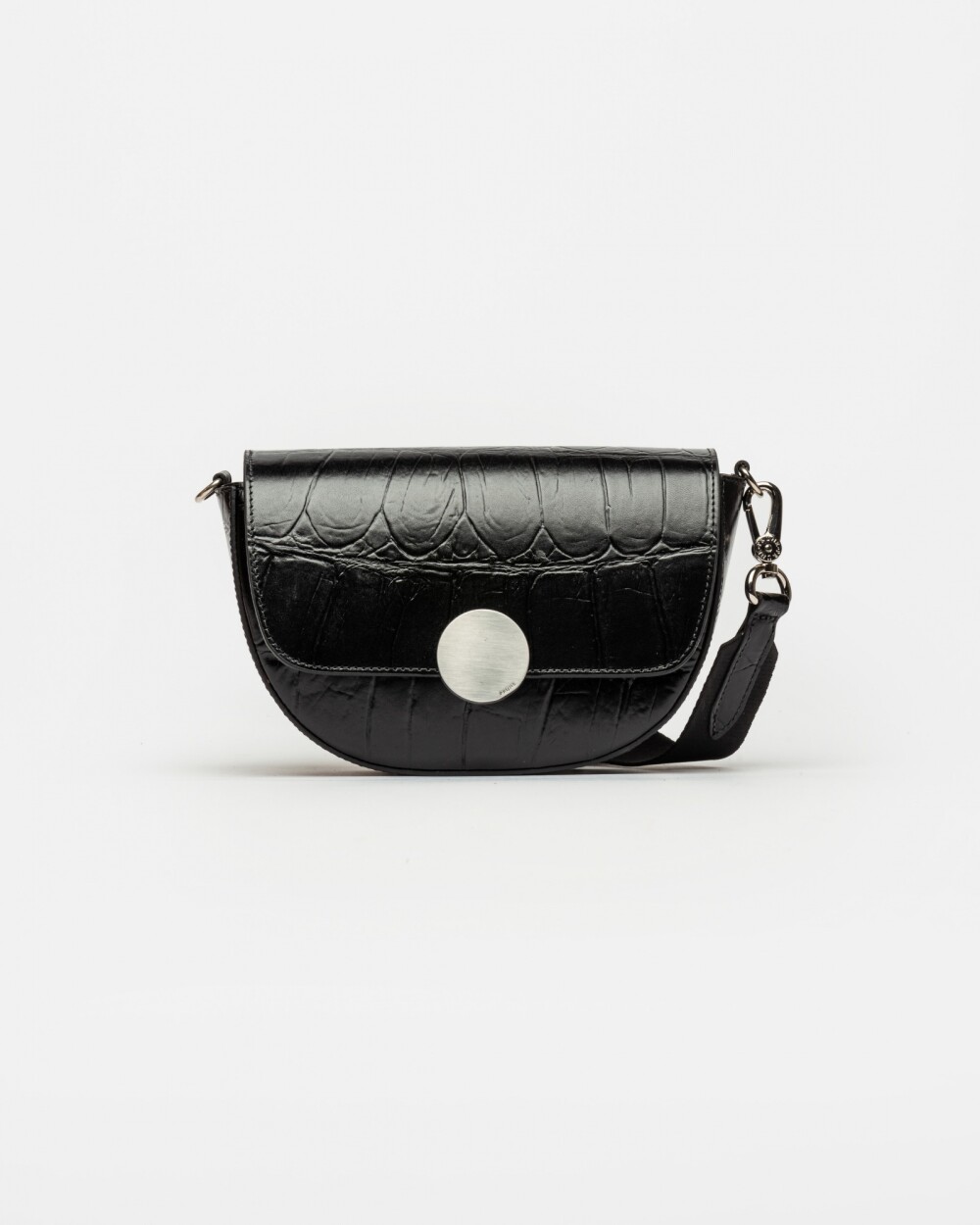 Bandolera The Circle En Cuero Grabado Croco Negro