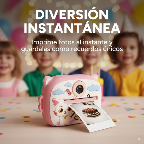 Cámara Gatito Infantil Instantánea 48MP Con Juegos Y Música Color Rosa