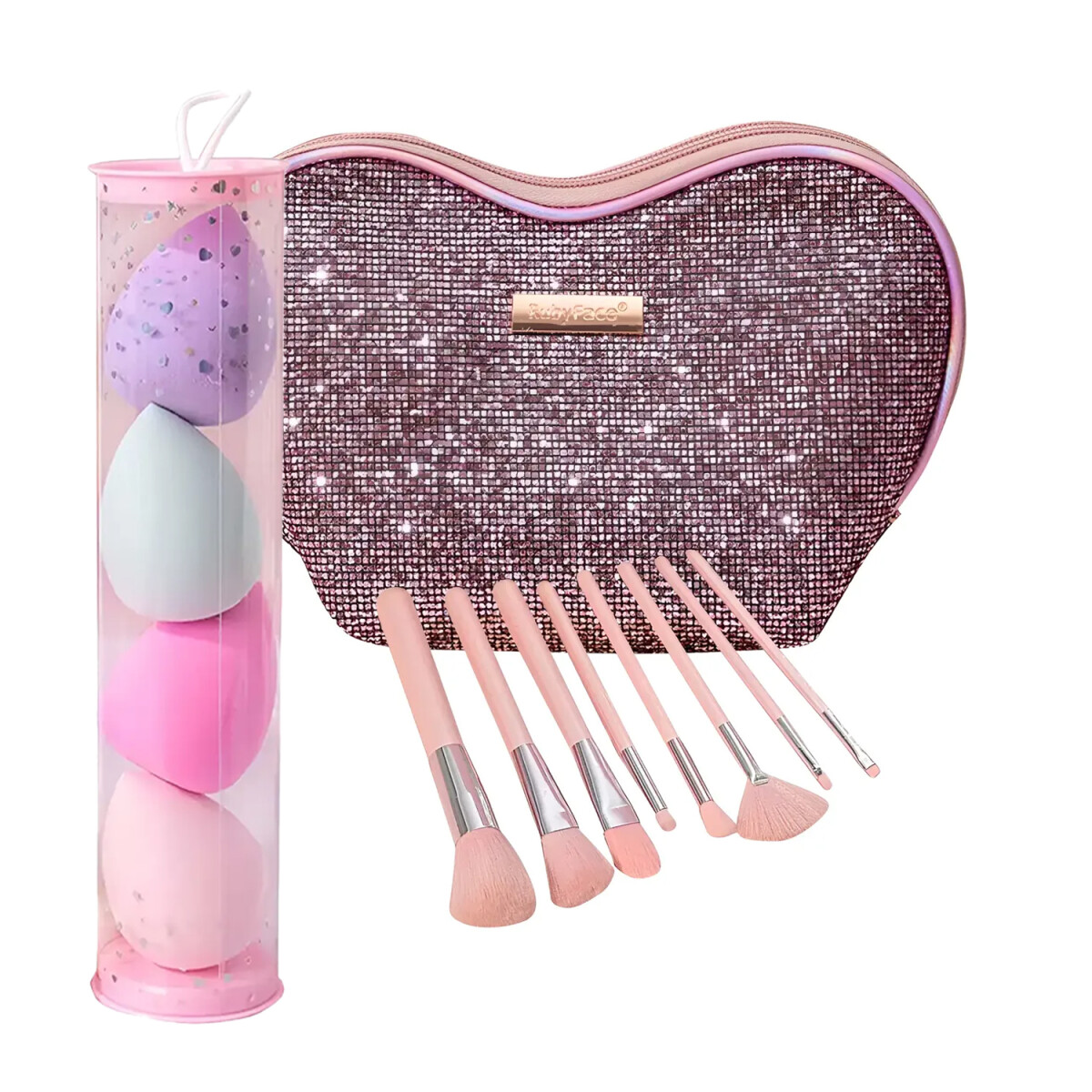 Set Maquillaje 8 Brochas y Pinceles con Estuche + Esponjas - Rosa 