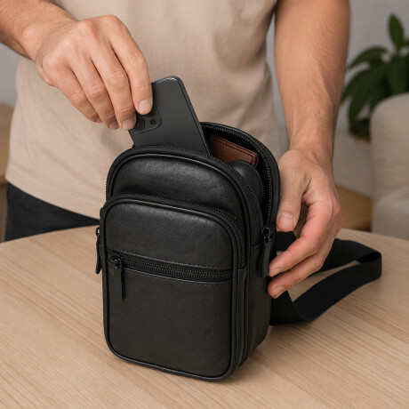 Morral mochila cruzado de cuero 13x21x5cm Negro